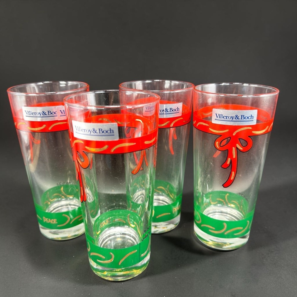 Villeroy & Boch Christmas Highball Glasses Set 4 Red Ribbon Green France NEW